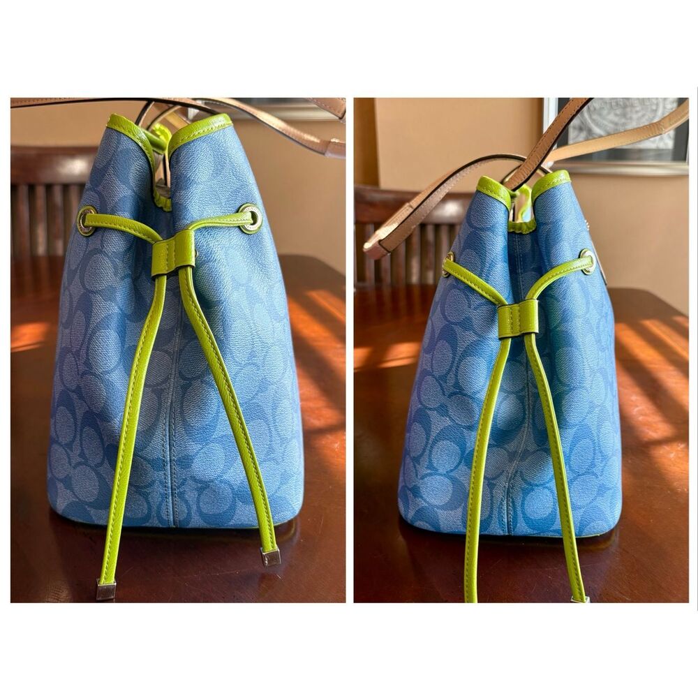 COACH  - Signature Stripe Drawstring Carryall Bag in Blue w/Lime Green Trim - Picture 7 of 14